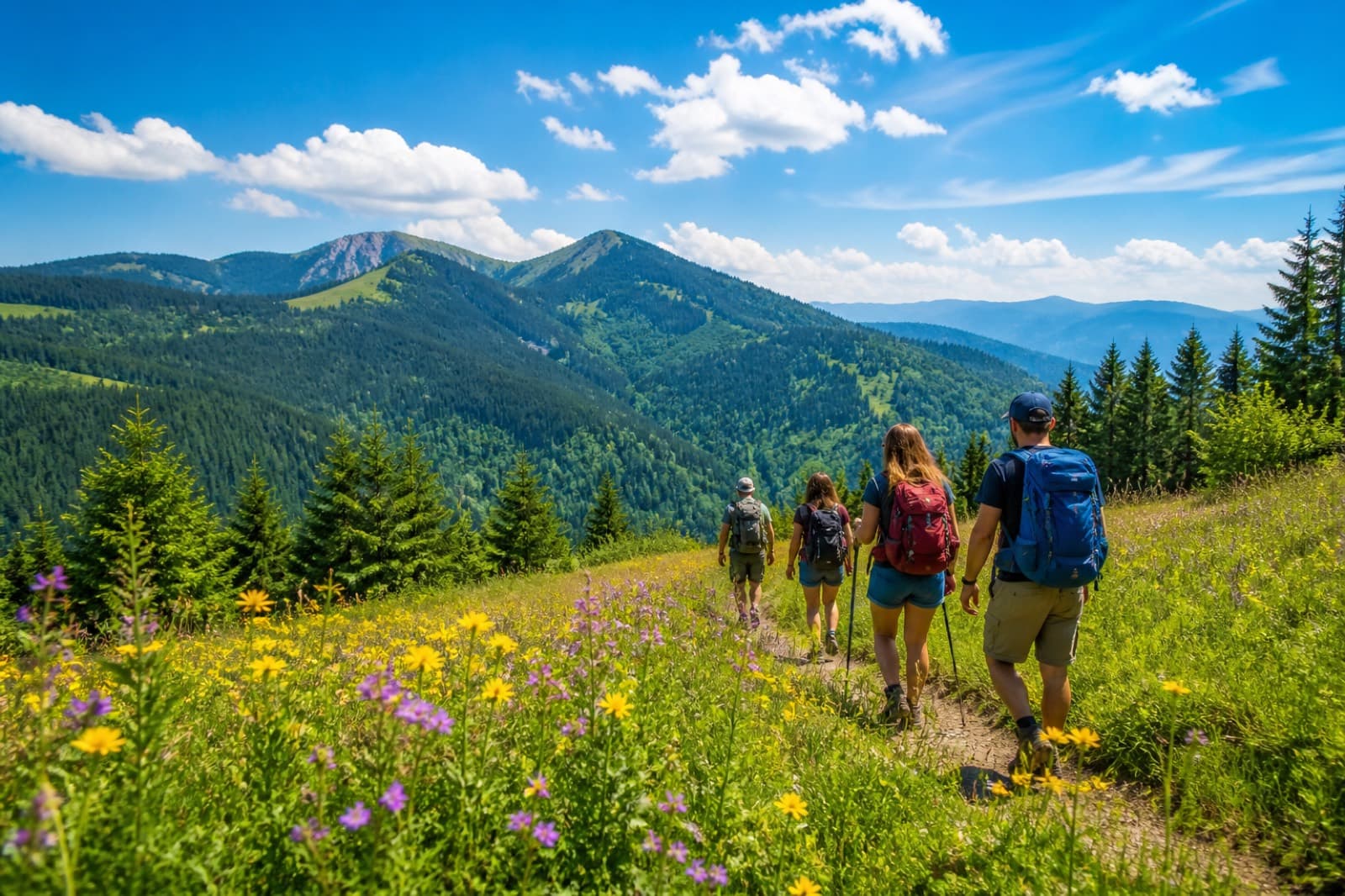 Friends hiking a mountain path through wildflowers